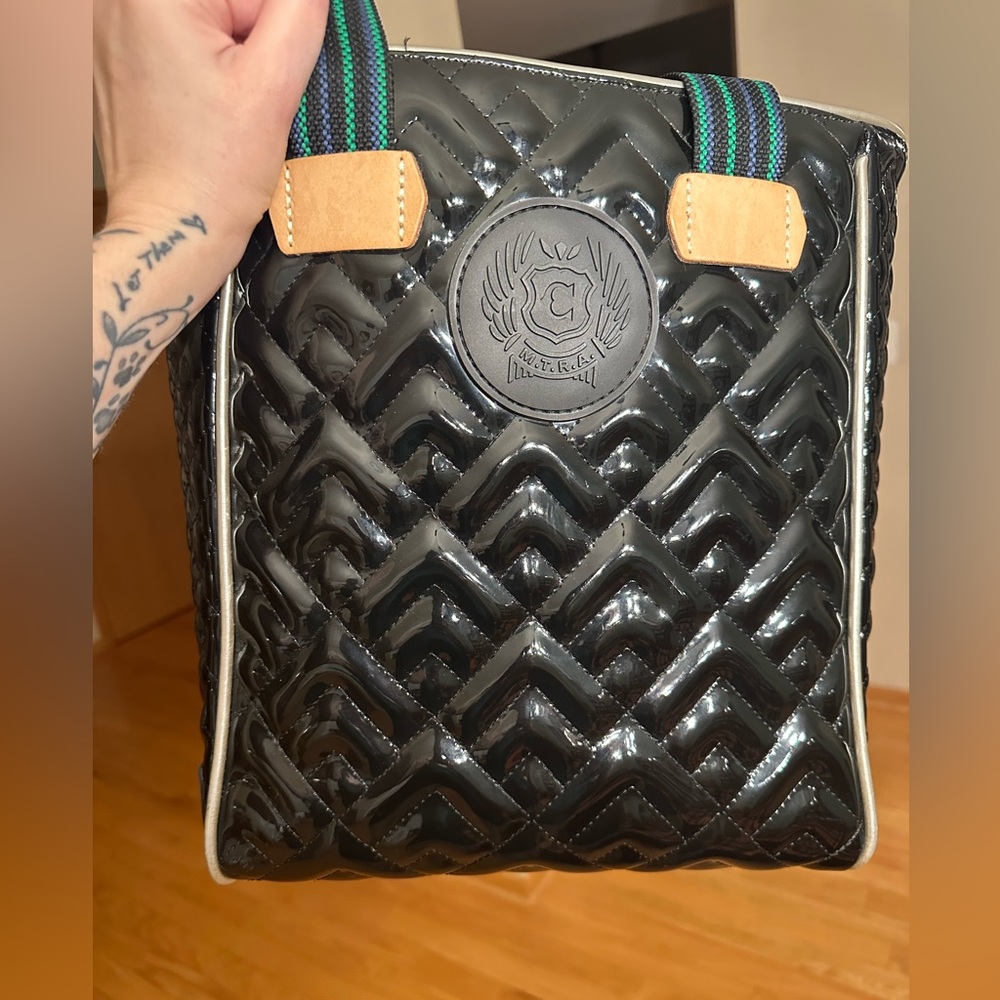 Consuela Black Embossed Tote with Green Straps